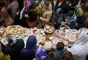 Many congregants brought bright and beautifully decorated baskets filled with painted Easter eggs along with kulich, an traditional Orthodox specialty bread prepared at Easter time.