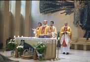 The Roman Catholic Church of the Virgin Mary’s Immaculate Conception services saw gatherings of adults, who sang hymns and prayed for world peace throughout the hour-long mass.